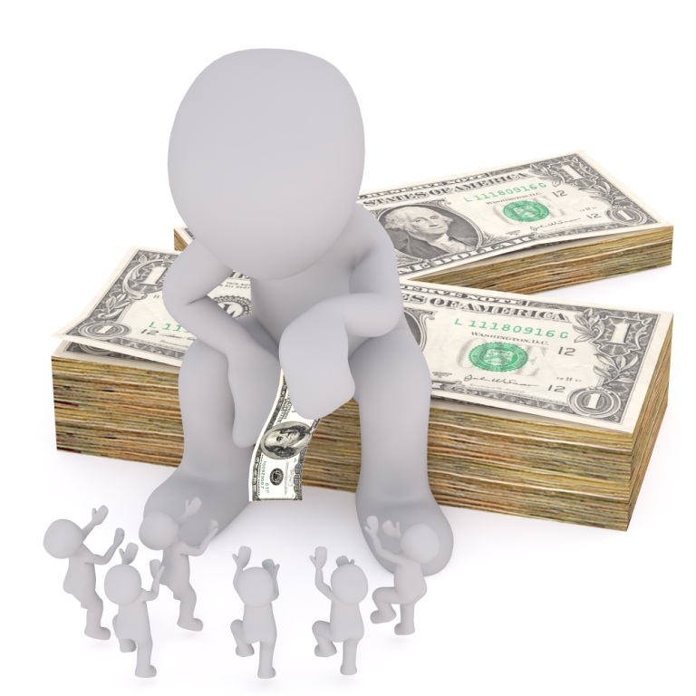 Graphic of a giant sitting on wads of dollars, and handing a few dollars to the many small people at its feet
