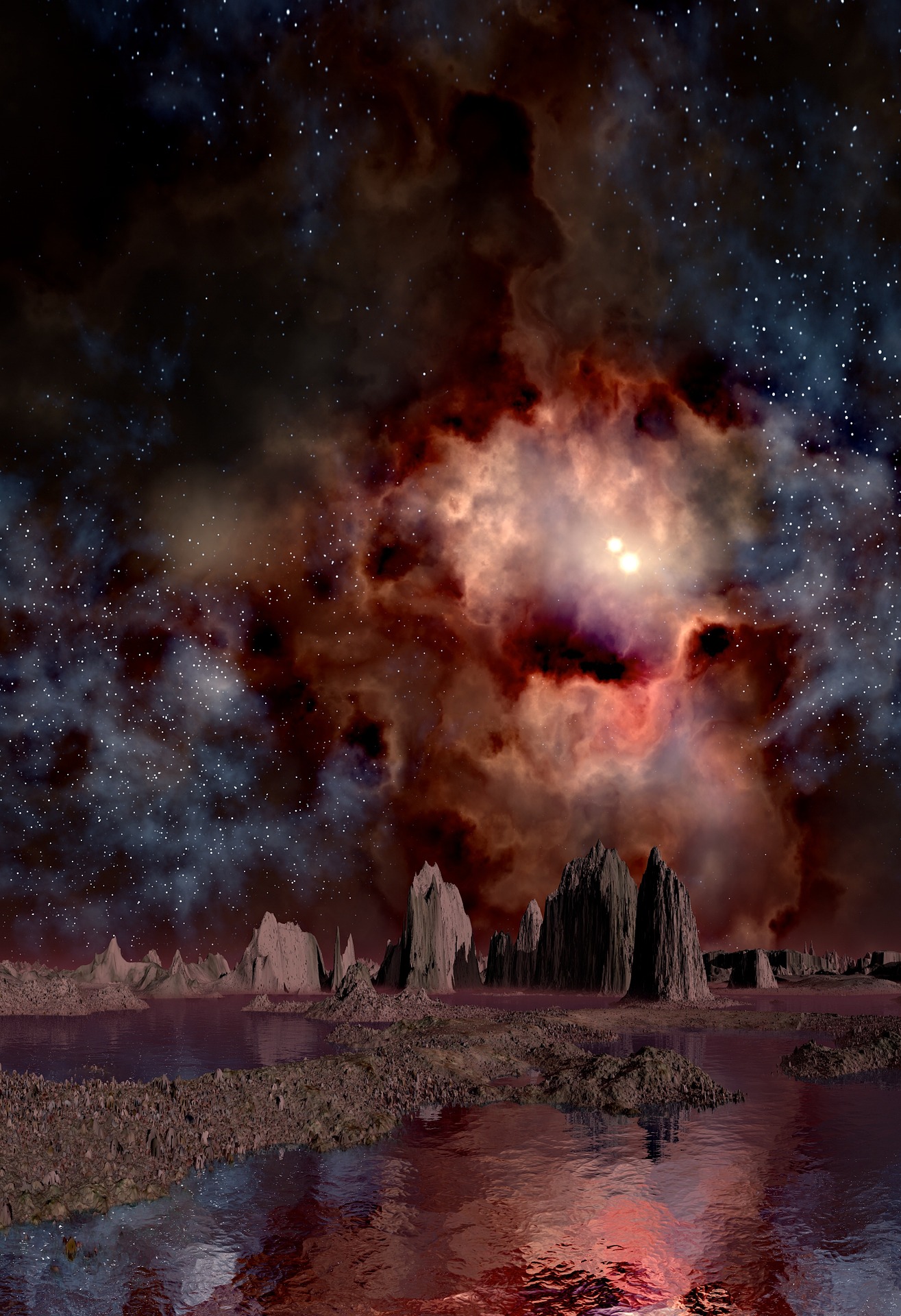 From a rocky, mountainous planet, we witness a double-sun in a starry night sky