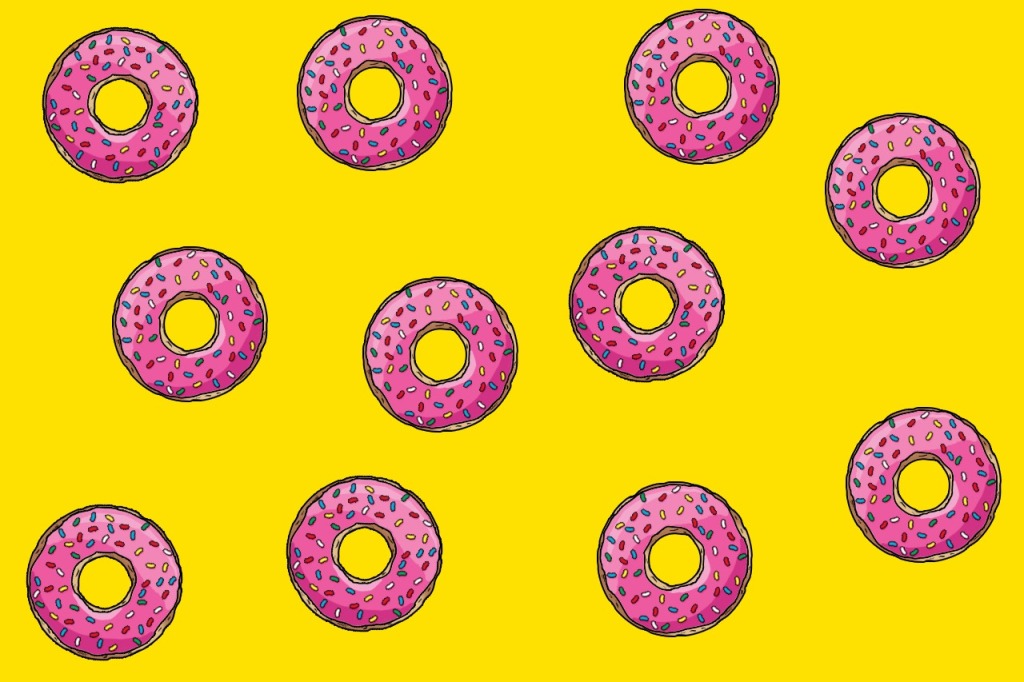 Graphic of 11 doughnuts with pink icing, on a yellow background, seen from above