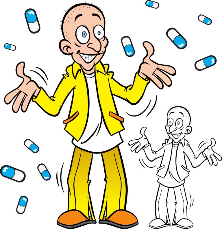 Graphic of man juggling drugs