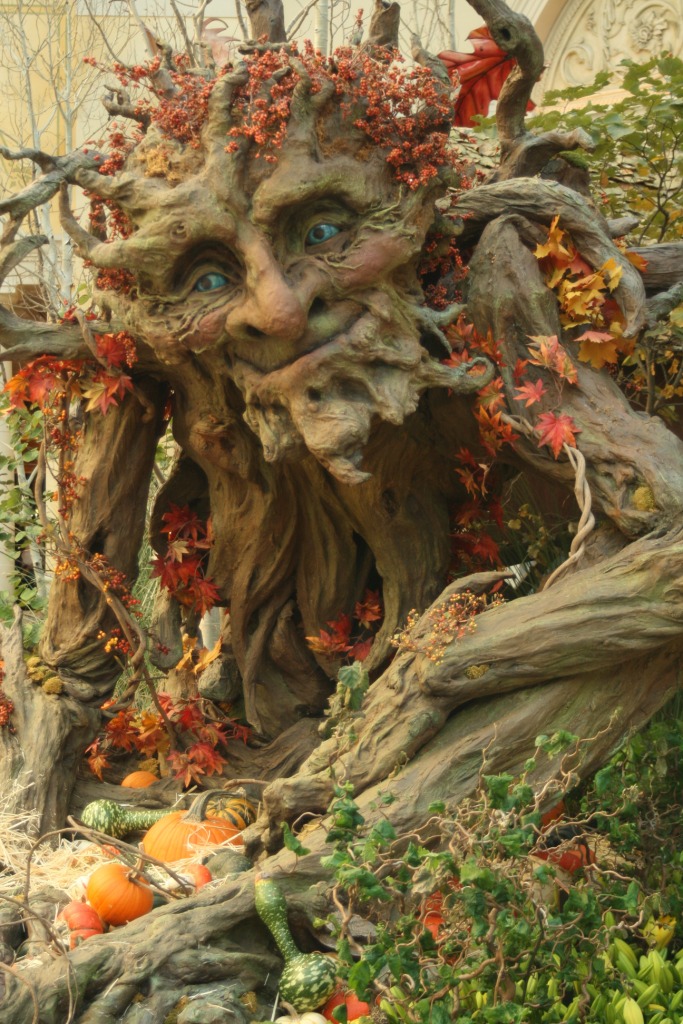 Large carving of happy ent, adorned with autumnal foliage and gourds
