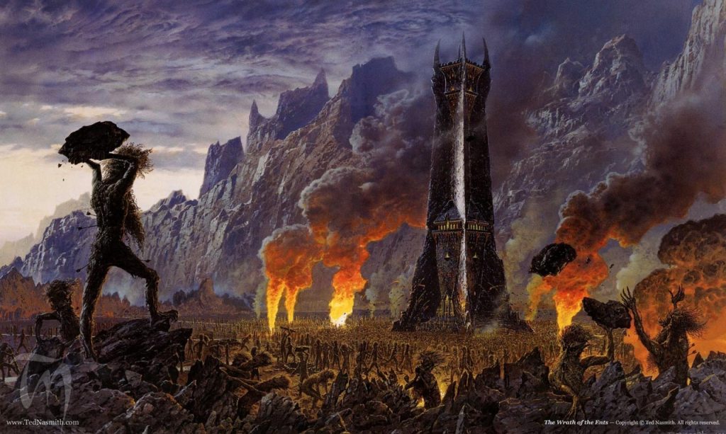 'The Wrath of the Ents' by Ted Nasmith, showing ents attacking the Tower of Saruman