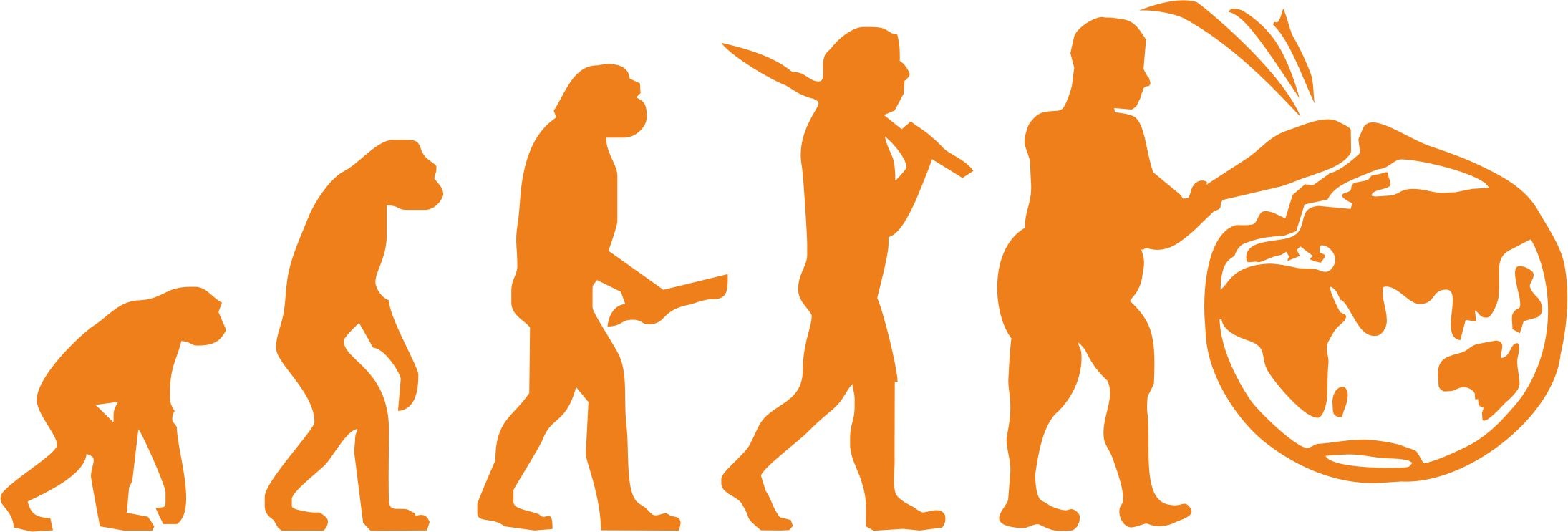 Graphic shows (from left to right) various primates getting more upright, then man with tools, spear, finally an obese man with a club smashing the planet Earth = Evolution Mess