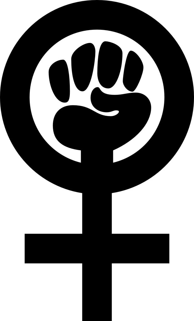 B&W Graphic of symbol for woman (circle atop cross), with a raised fist in the circle