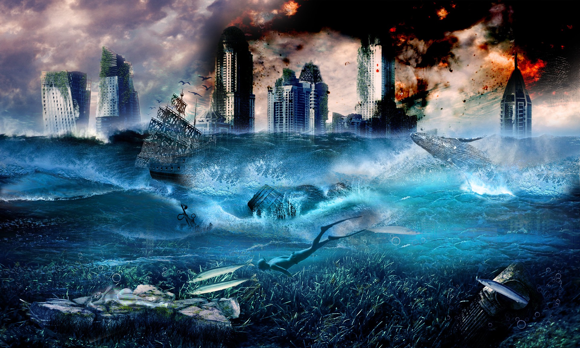 In the background a city's skyscrapers assailed by fire. In the foreground, floods wrack the city, whales tossed around, cargo lost.