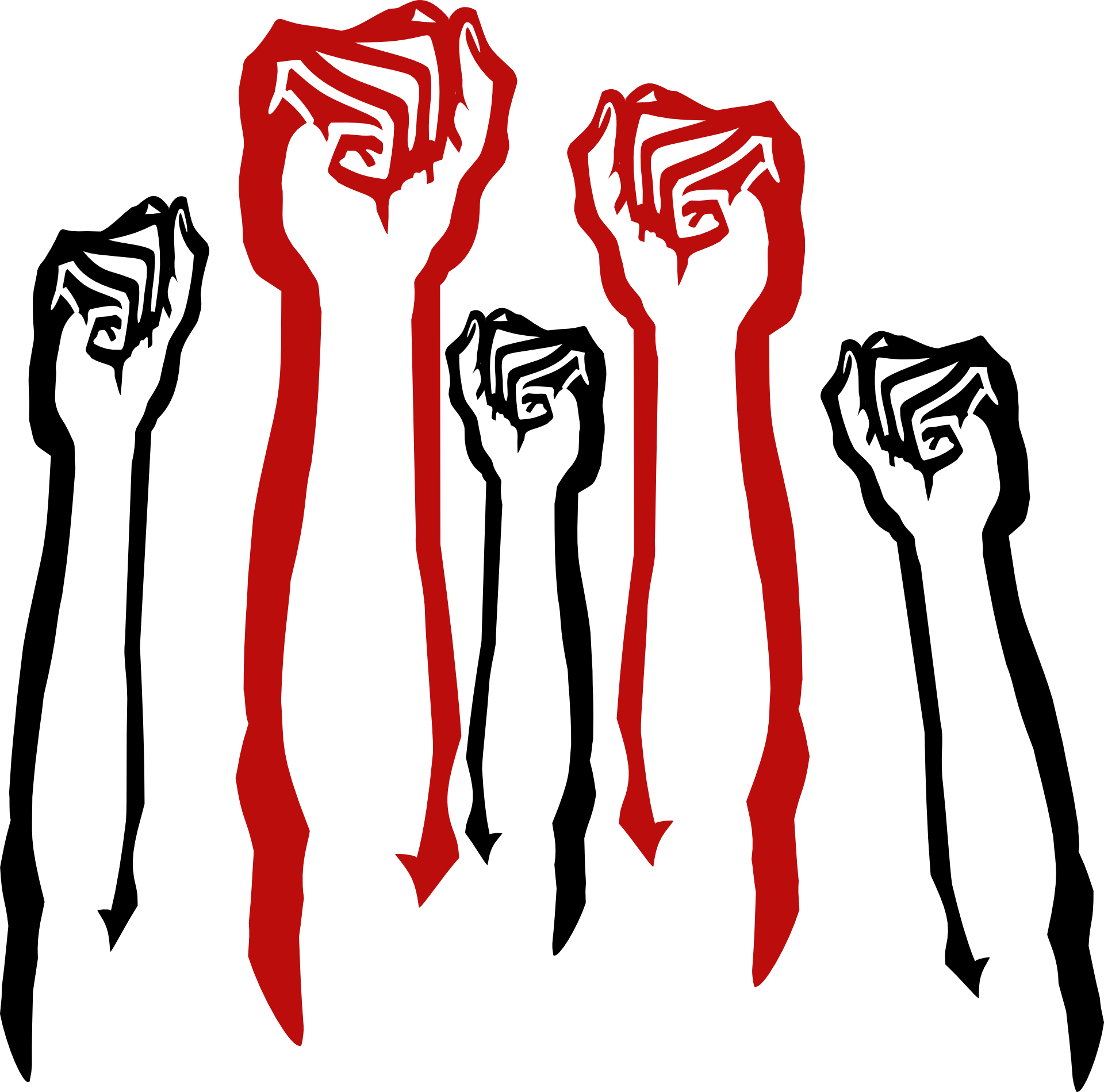 A graphic image of five fists pumping the air, three black, two red
