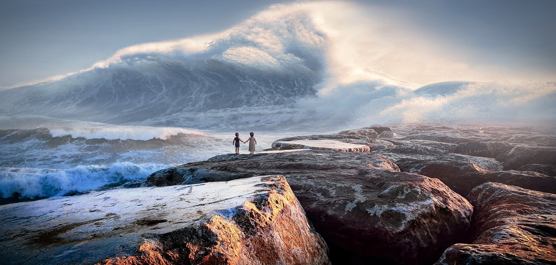 Fantasy-style image of two young children holding hands, as a giant flood wave approaches