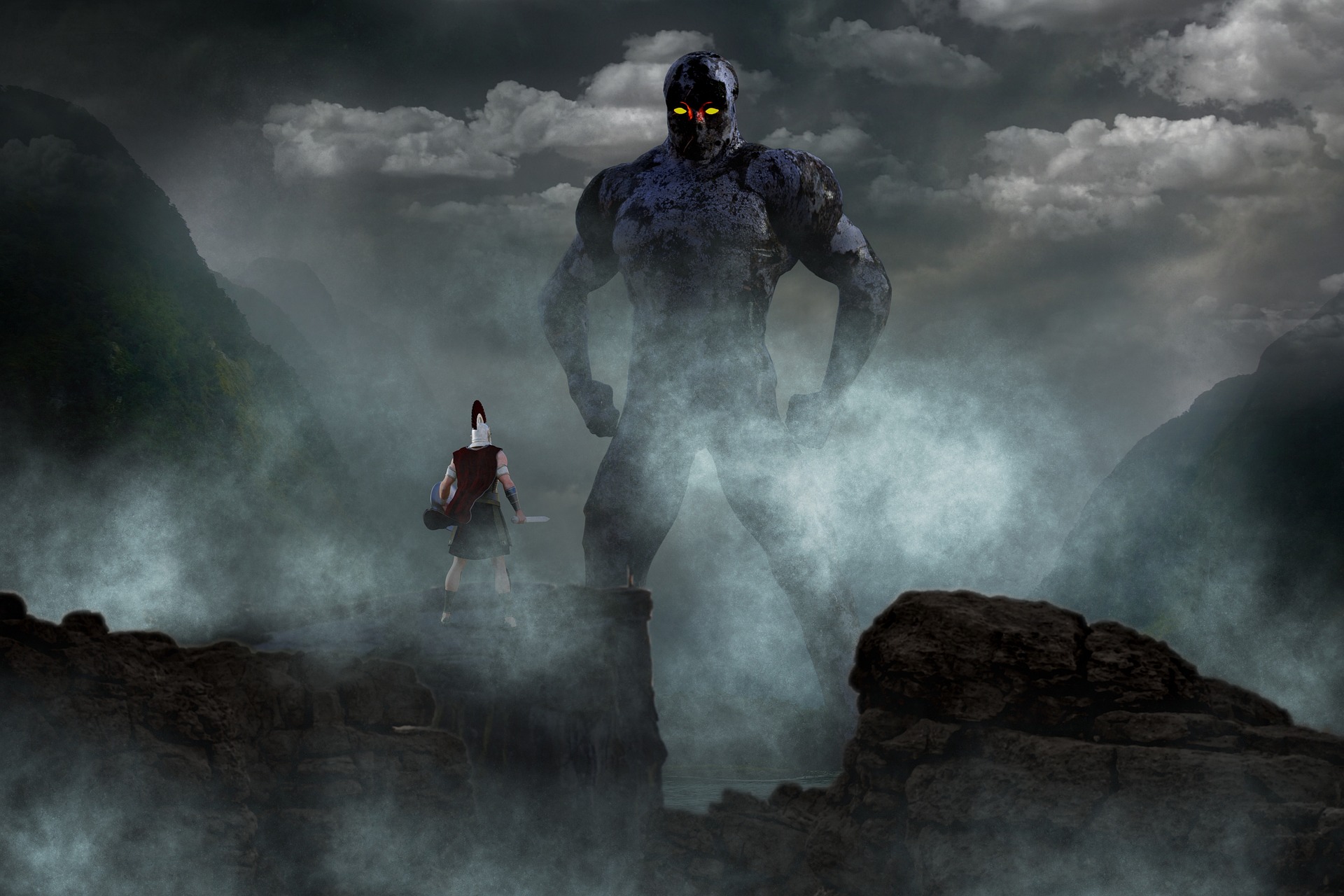 A fantasy of a warrior in ancient armour standing on top of a mountain range. He/She faces a giant titanium creation with luminous eyes rising out of the mists.