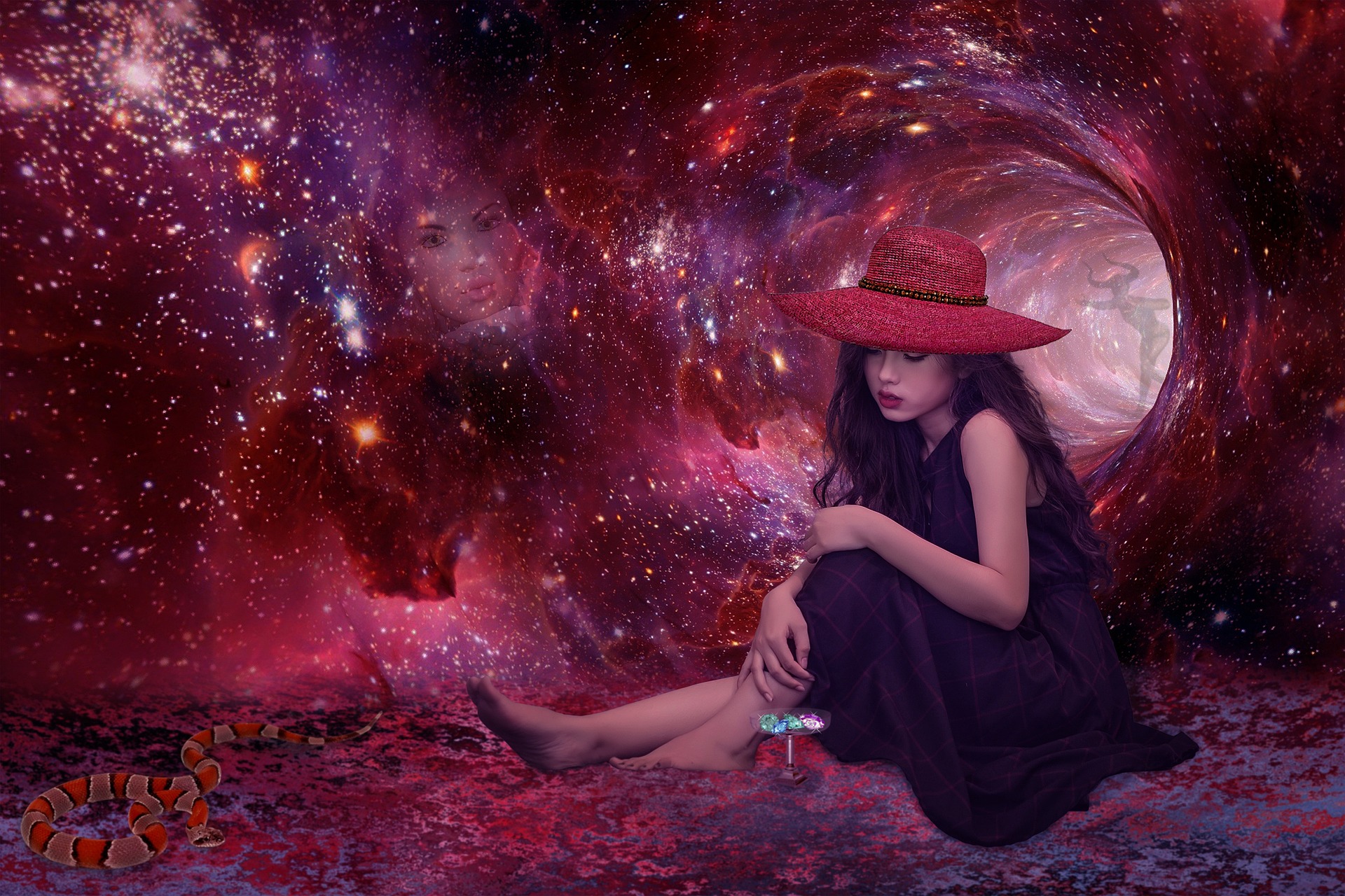 A fantasy of a woman in a dress wearing a wide-brimmed red hat. She is seated on the ground, a red snake at her feet. The background is a night sky with a vast amount of stars in a cylindrical formation going off into the distance.