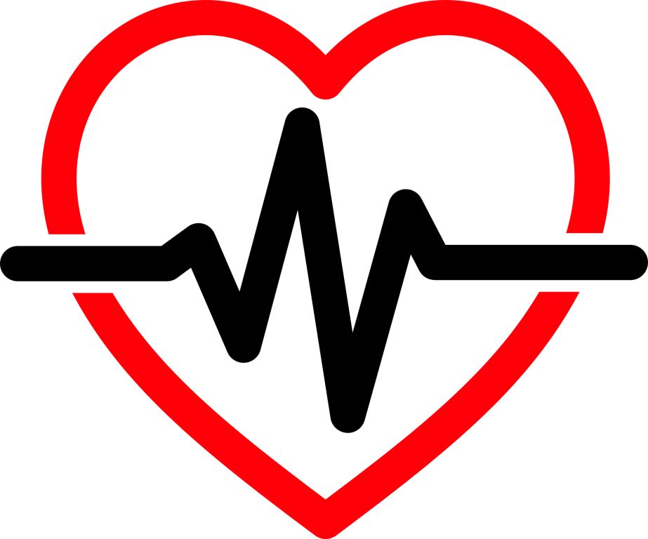 Graphic of red heart outline with white centre; through it horizontally, there is a black cardiogram line with its characteristic double beat