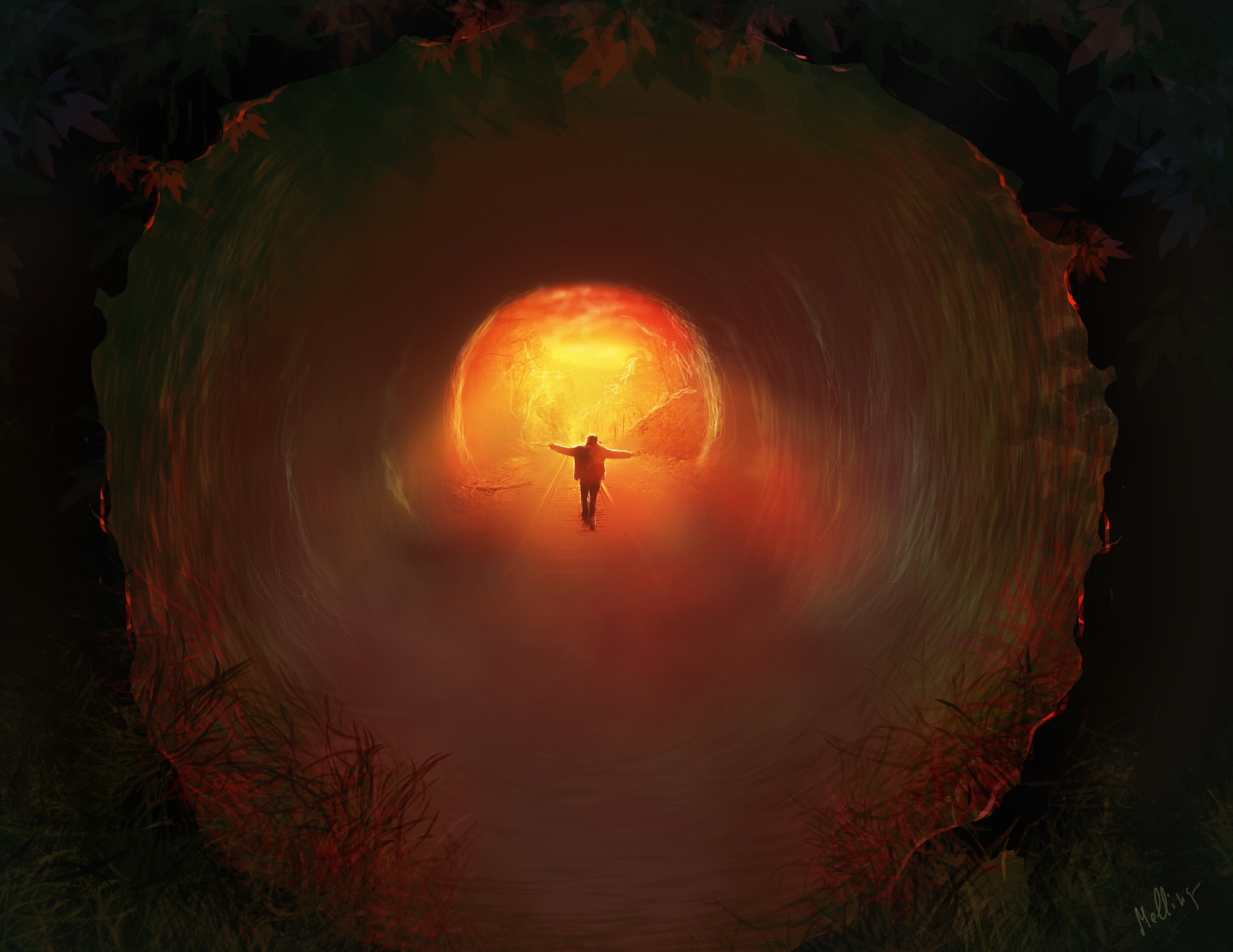 A person seems to be emerging from a dark tunnel into a place of Light