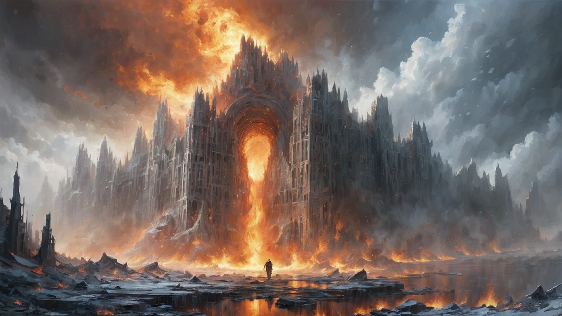 An AI-generated image of a fantasy fortress occupied by fiery energies. Around, the hellscape is rocky and a man approaches the fortress gate.
