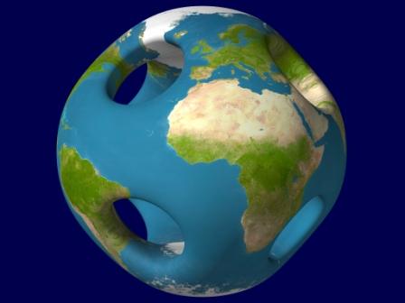 Earth globe with a few giant holes. It looks distorted.