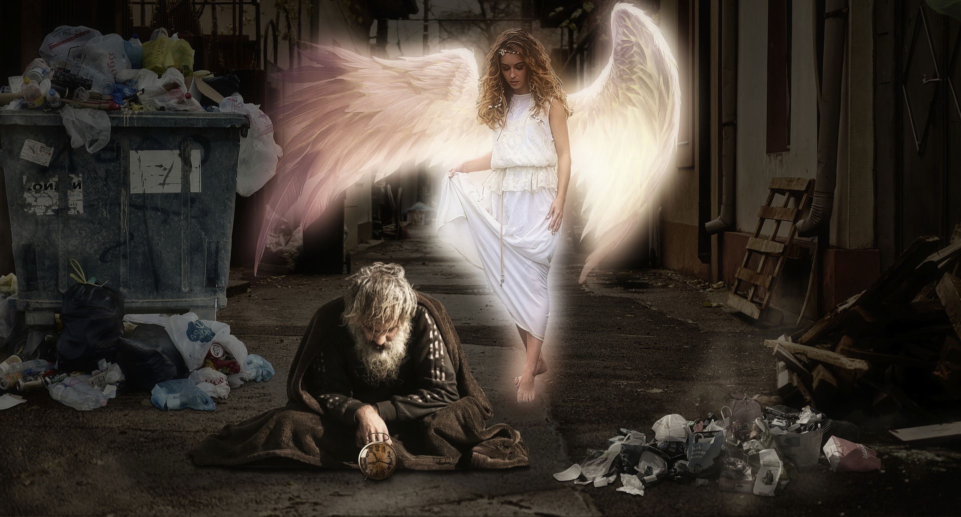 A homeless man is cross-legged on a street filled with rubbish. Behind him, an angel tries to help.