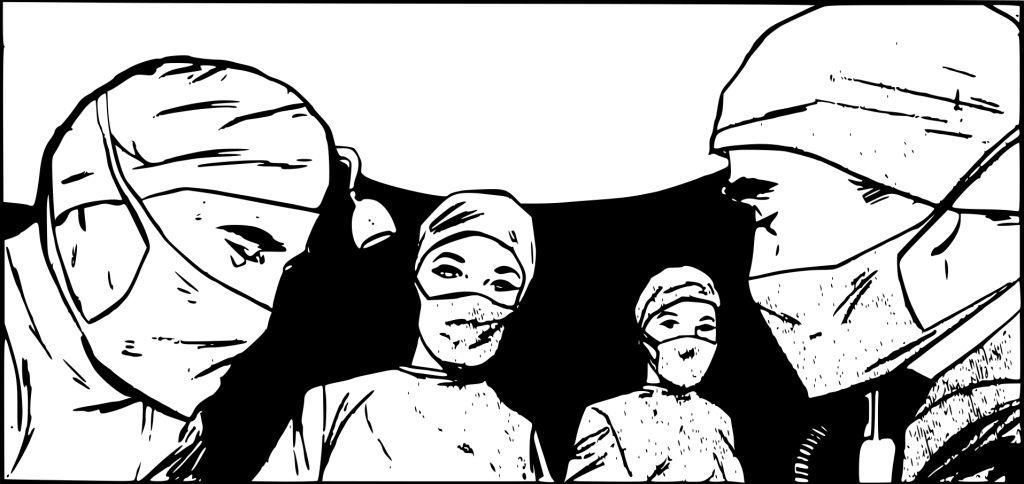 Graphic (black & white) of a surgery team in a hospital operating theatre