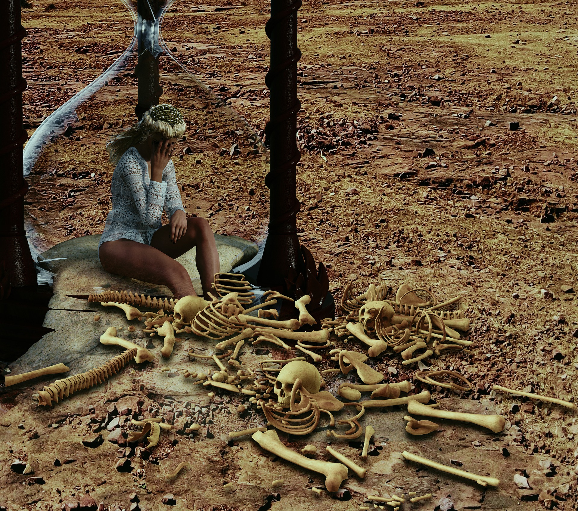 Fantasy of distraught woman in a white costume, sat under a giant hourglass, bones surround her in a desert