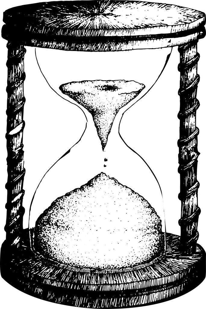 Hourglass black & white drawing, the sand is nearly ended
