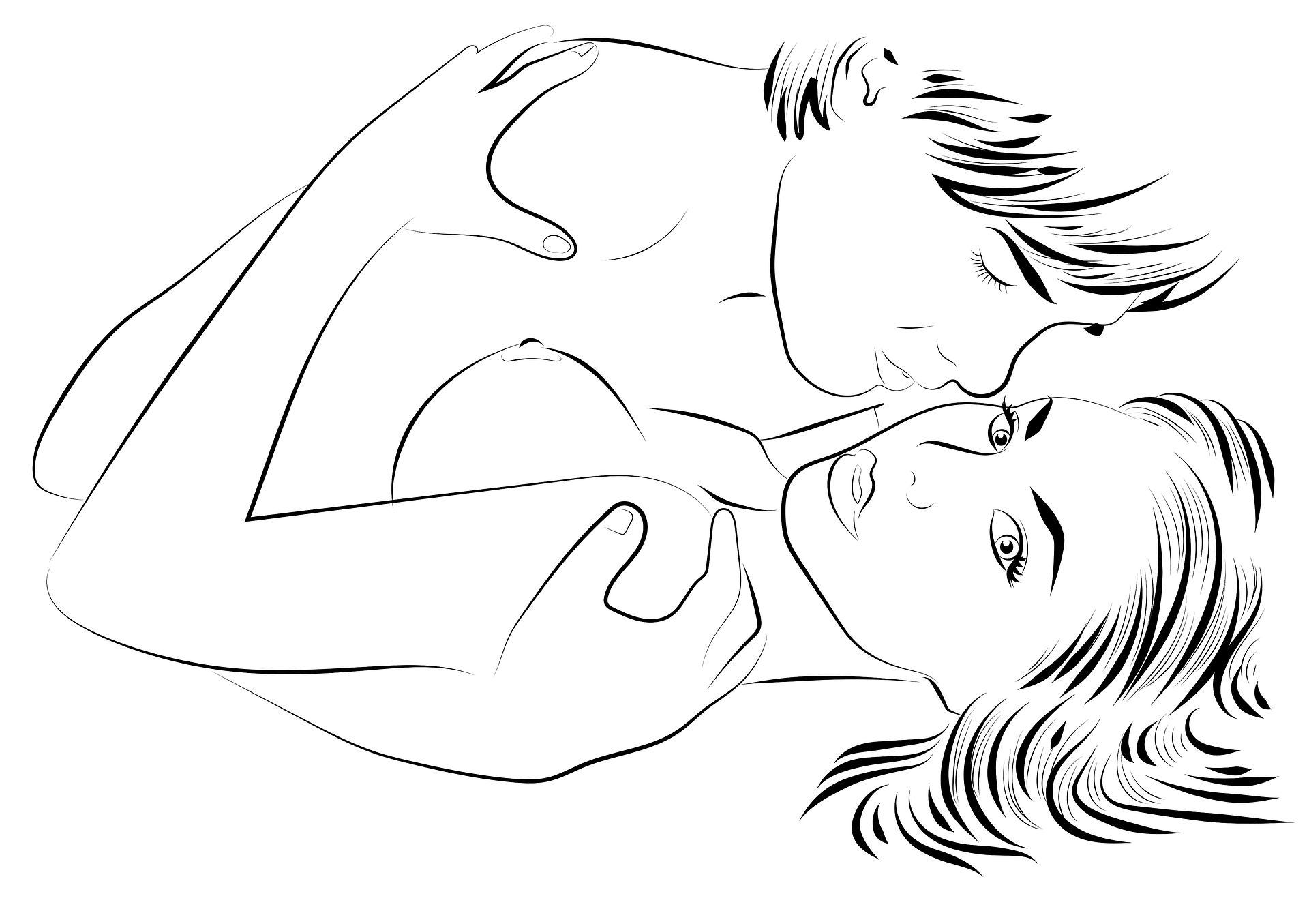 A drawing in black and white of a woman and her partner. In an intimate embrace, she momentarily looks at us, as if pensive or letting us in on the scene. Her partner may be male or female or other.