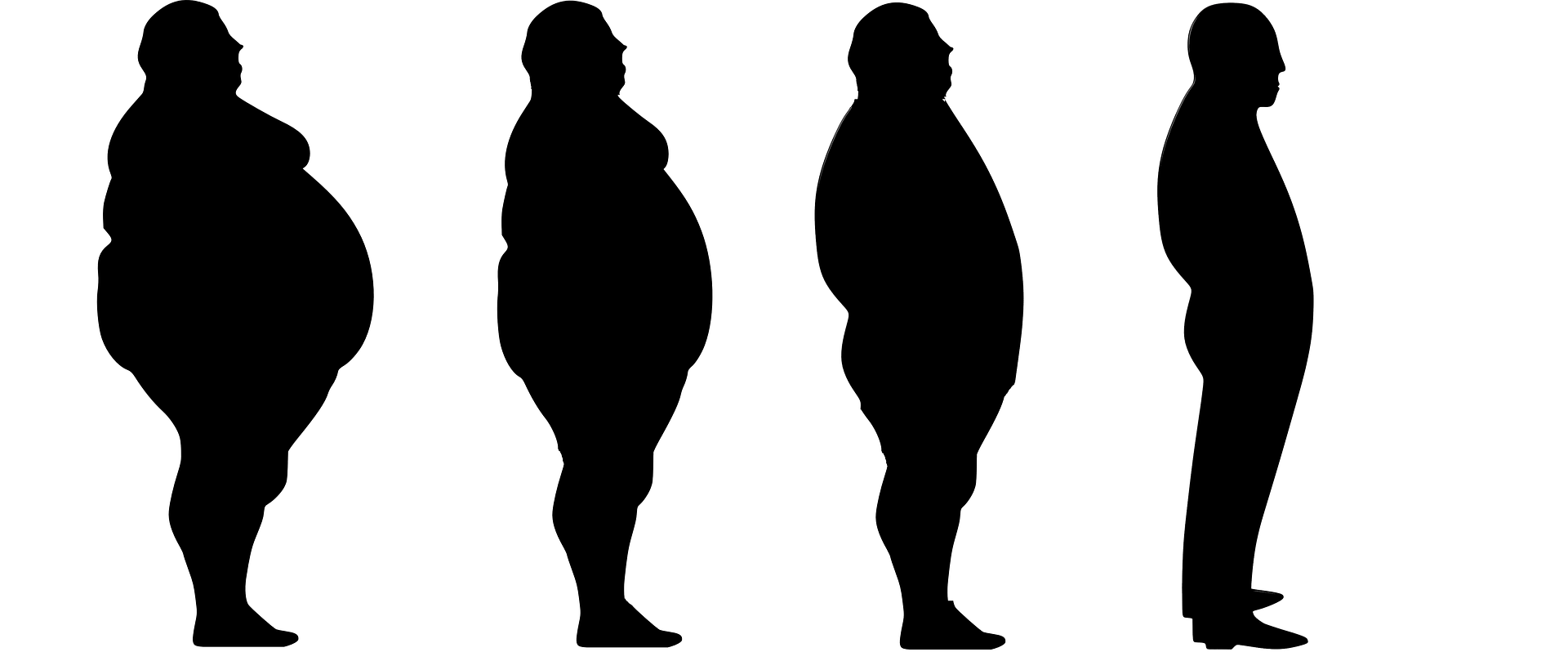 A graphic that shows the silhouette of a very obese man from the side. He is shown four times, each time losing considerable weight to achieve a healthy body.