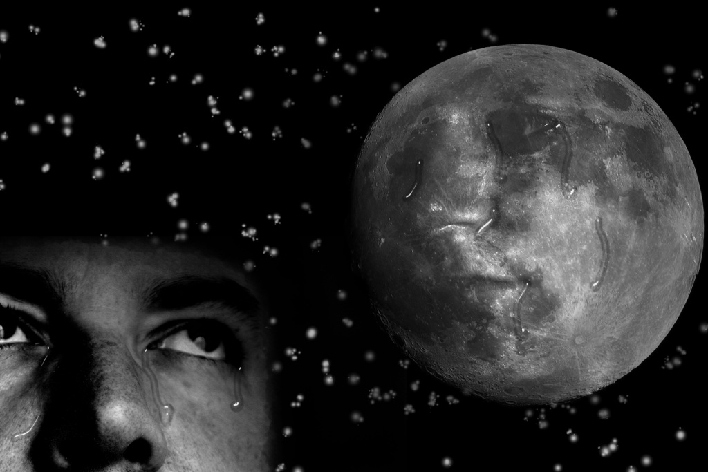'Misguided Men', sad moon with man on stellar backdrop