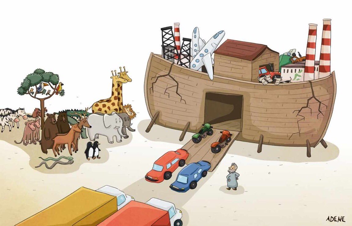 Cartoon. A modern Noah is loading the Ark. Animals and nature are prevented from boarding. Priority is given to oil rigs, industrial coal chimneys, planes, trucks, cars, motorbikes, etc. The Ark is beginning to crack...