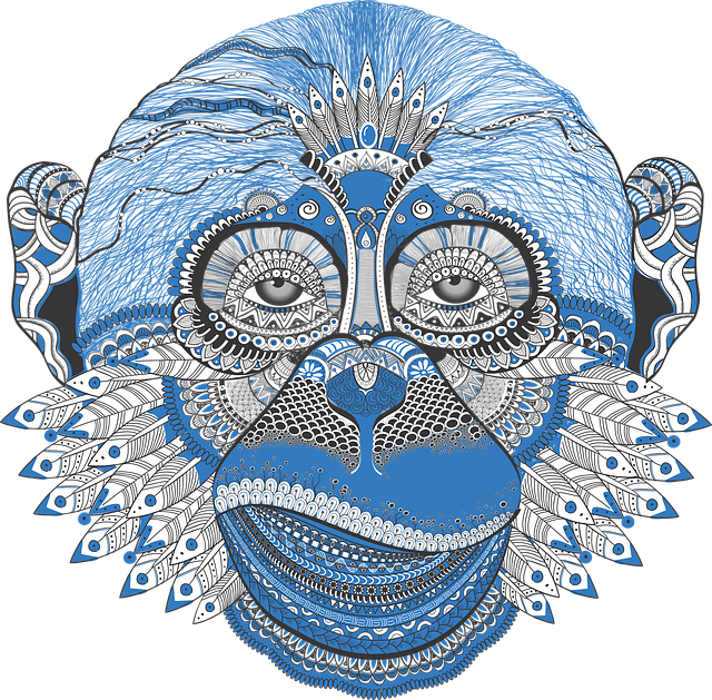 A monkey mandala. It uses blues, greys, blacks. It has feathers and other ornamental features. It looks like a philosopher monkey!