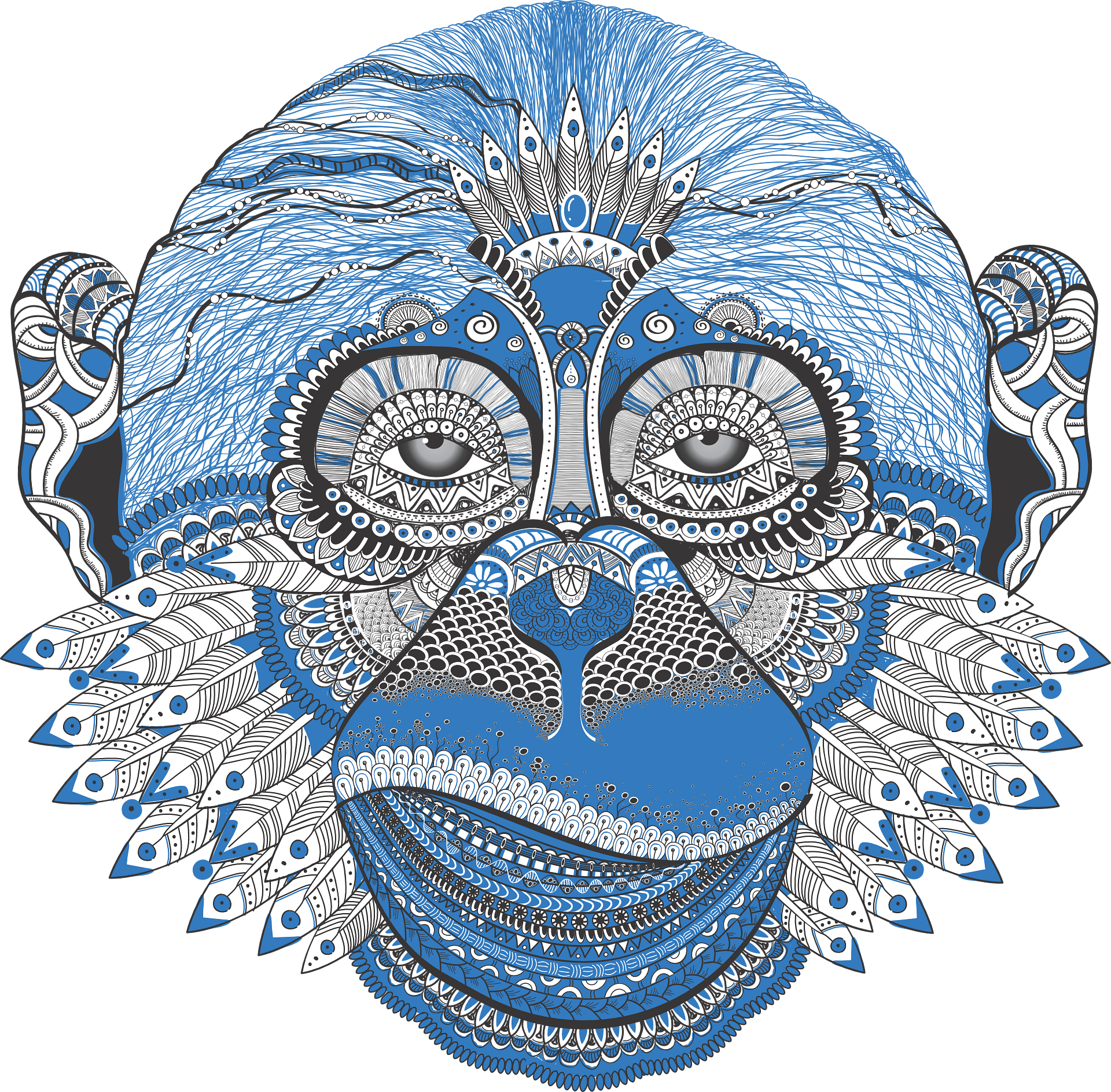 A monkey mandala. It uses blues, greys, blacks. It has feathers and other ornamental features. It looks like a philosopher monkey!