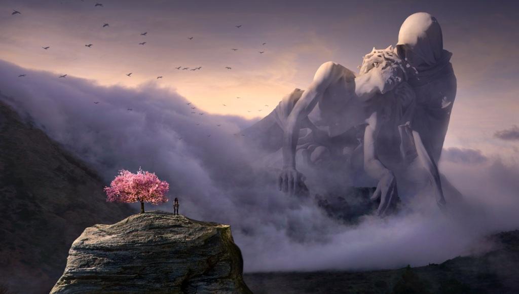 Suffering monument in fantasy landscape