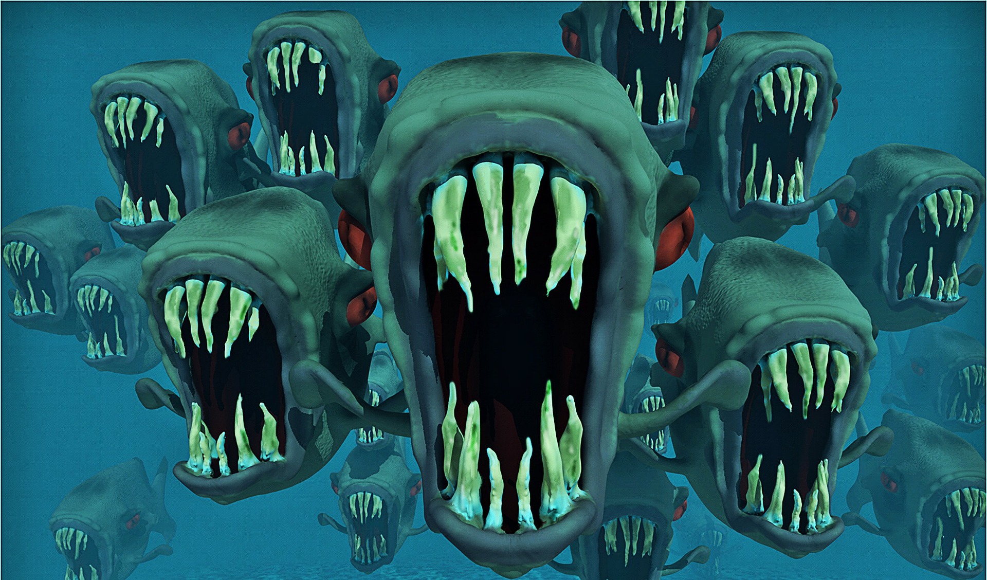 Surreal fantasy image of an organised group of pirahna-like fish with huge sharp teeth and red scary eyes