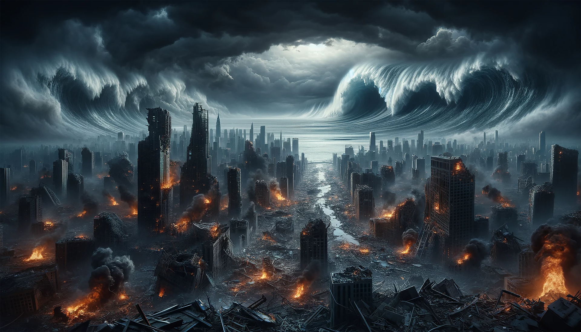 A coastal city destroyed by a nuclear war. Most buildings are heavily destroyed, fire is everywhere. Huge waves approach. Dark clouds overhead.