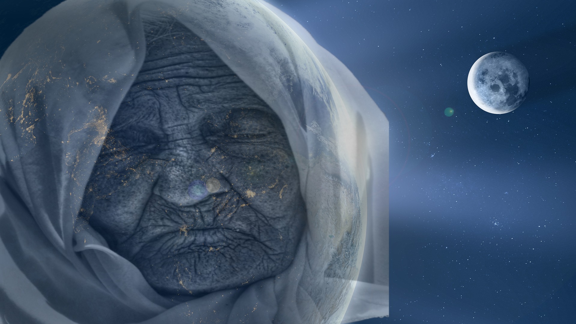 Mother Earth imagined as the face of a beautiful old woman. Her eyes are closed. She emanates Her presence to all who will hear. The Sun's light, the Moon and the stars are also visible.