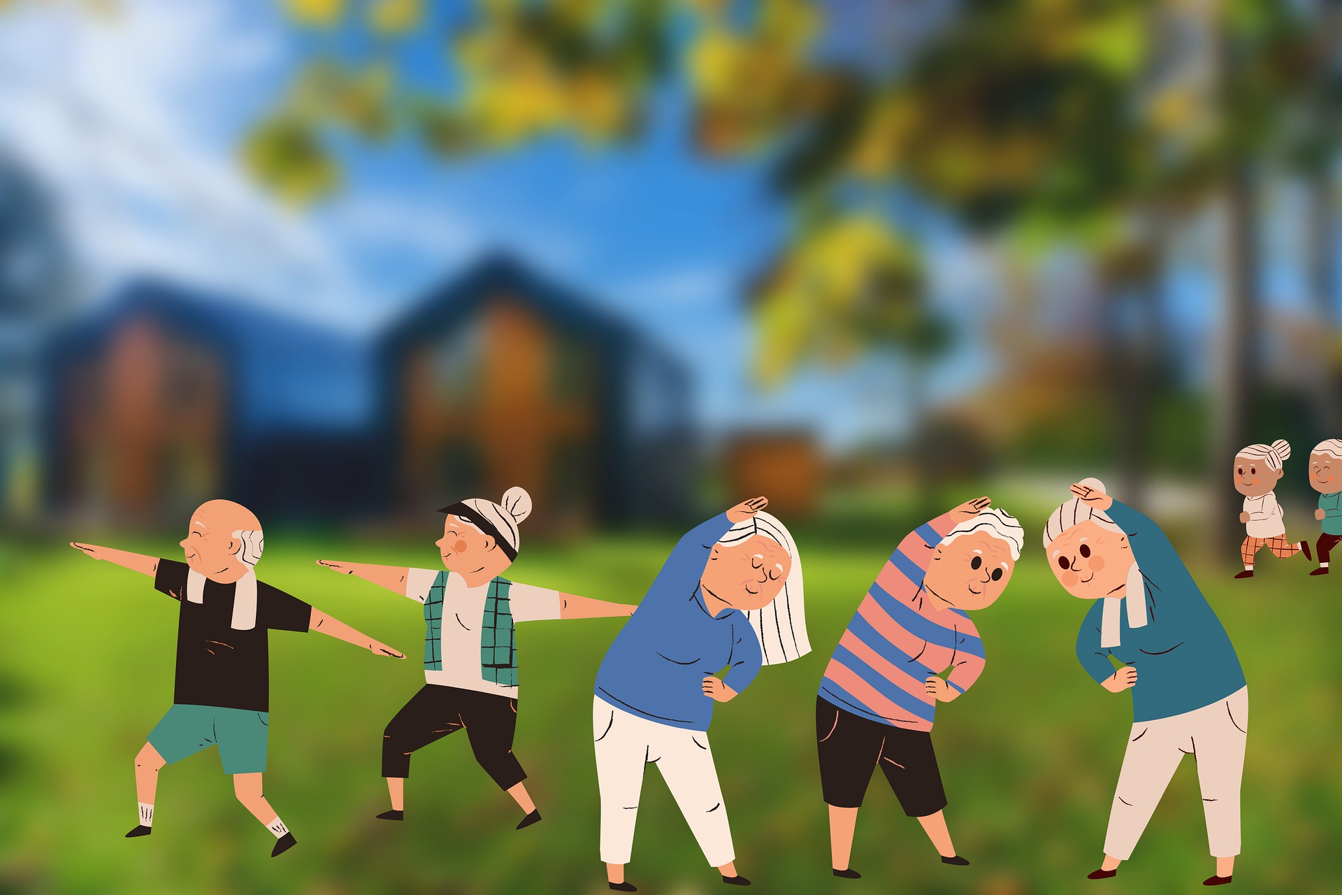 Image of old people happily stretching and exercising