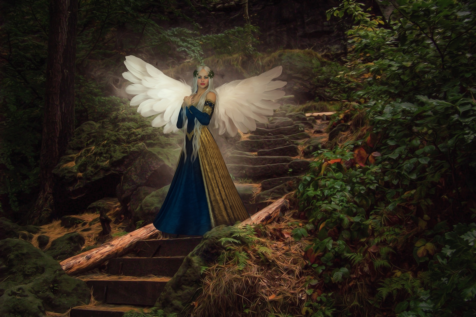 An elf-like woman in a forest. She has grey long hair. Her white angelic wings radiate light. She wears a long dress of blue and gold that also covers her lower arms. Her hands rest at her heart. She is half-way up a steep set of stairs.