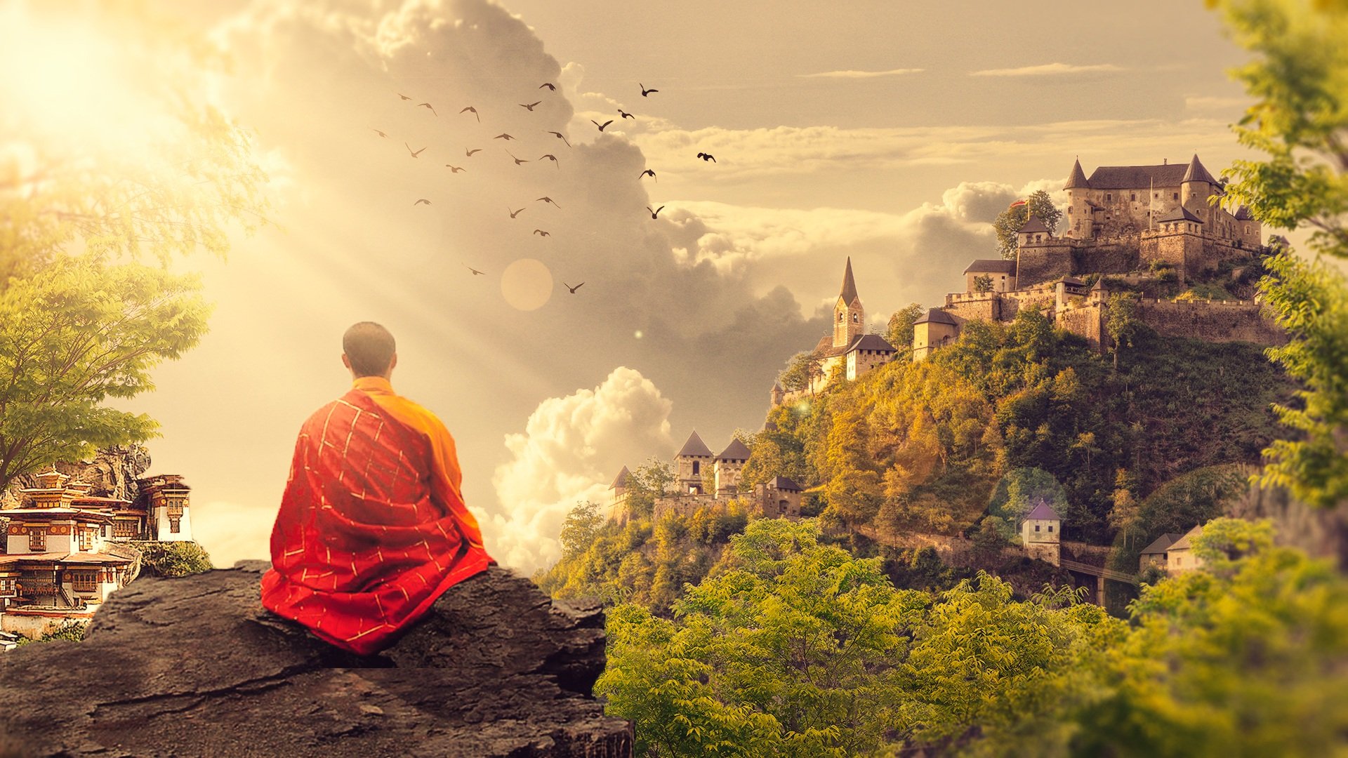 Buddhist monk seated on a rocky outcrop overlooking a cloudy valley; on one side a Buddhist temple, on the other a European style castle; in the middle, a flock of birds are flying