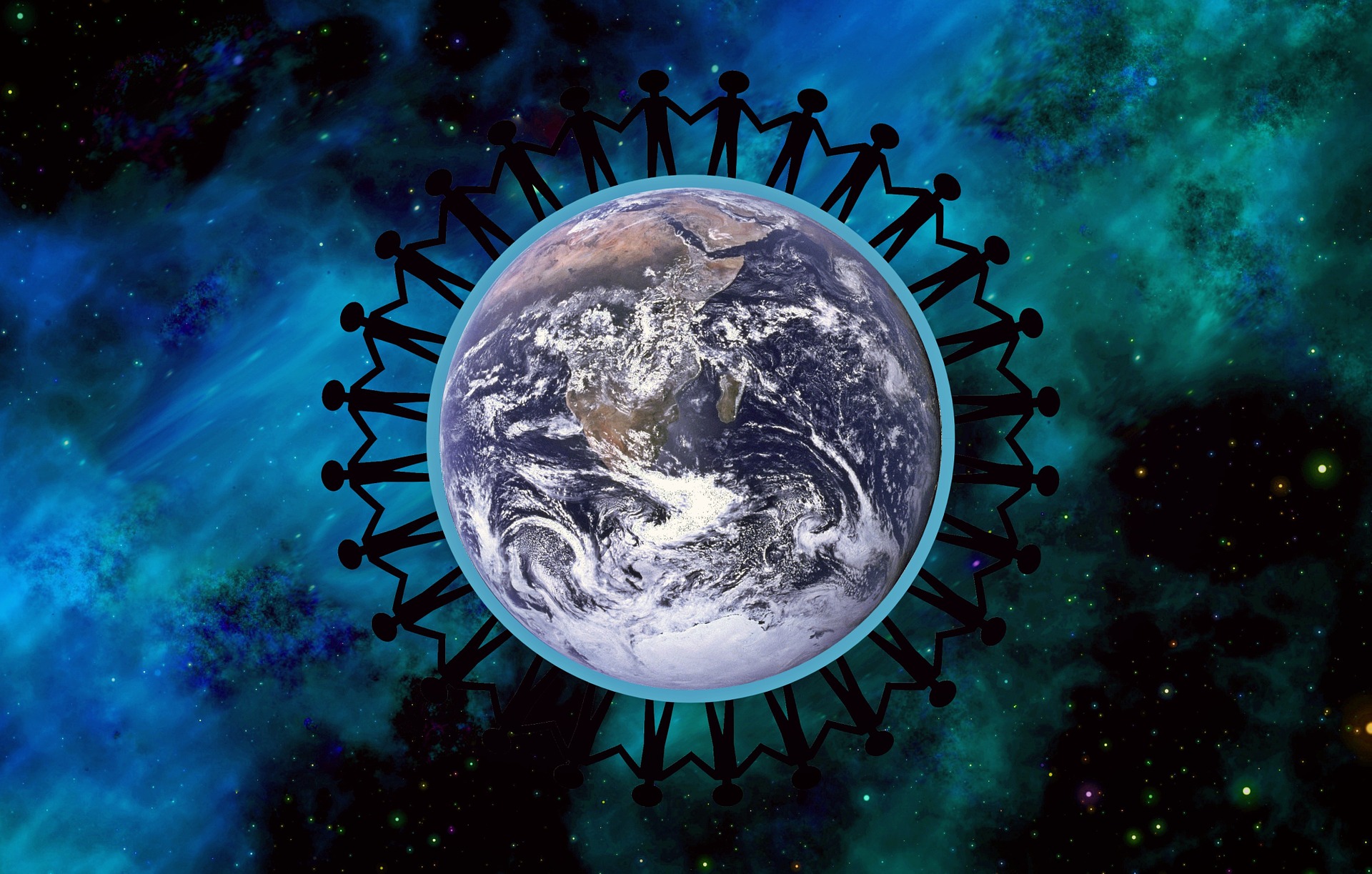Encircling Mother Earth are many people in silhouette. They hold hands. They work for and maintain Peace on Earth.