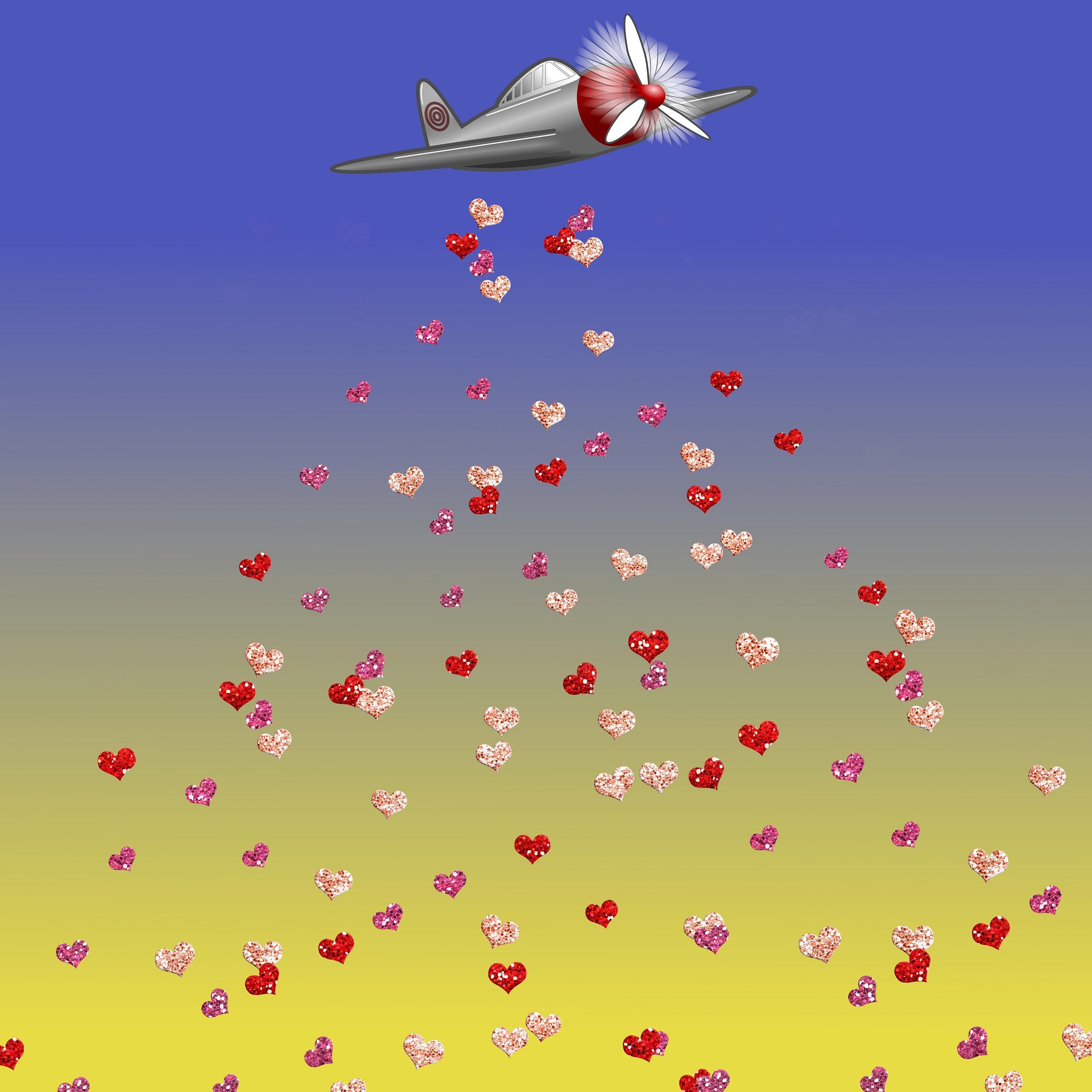 An image of a plane dropping heart symbols in pinks and reds. The plane's propeller is like a flower.