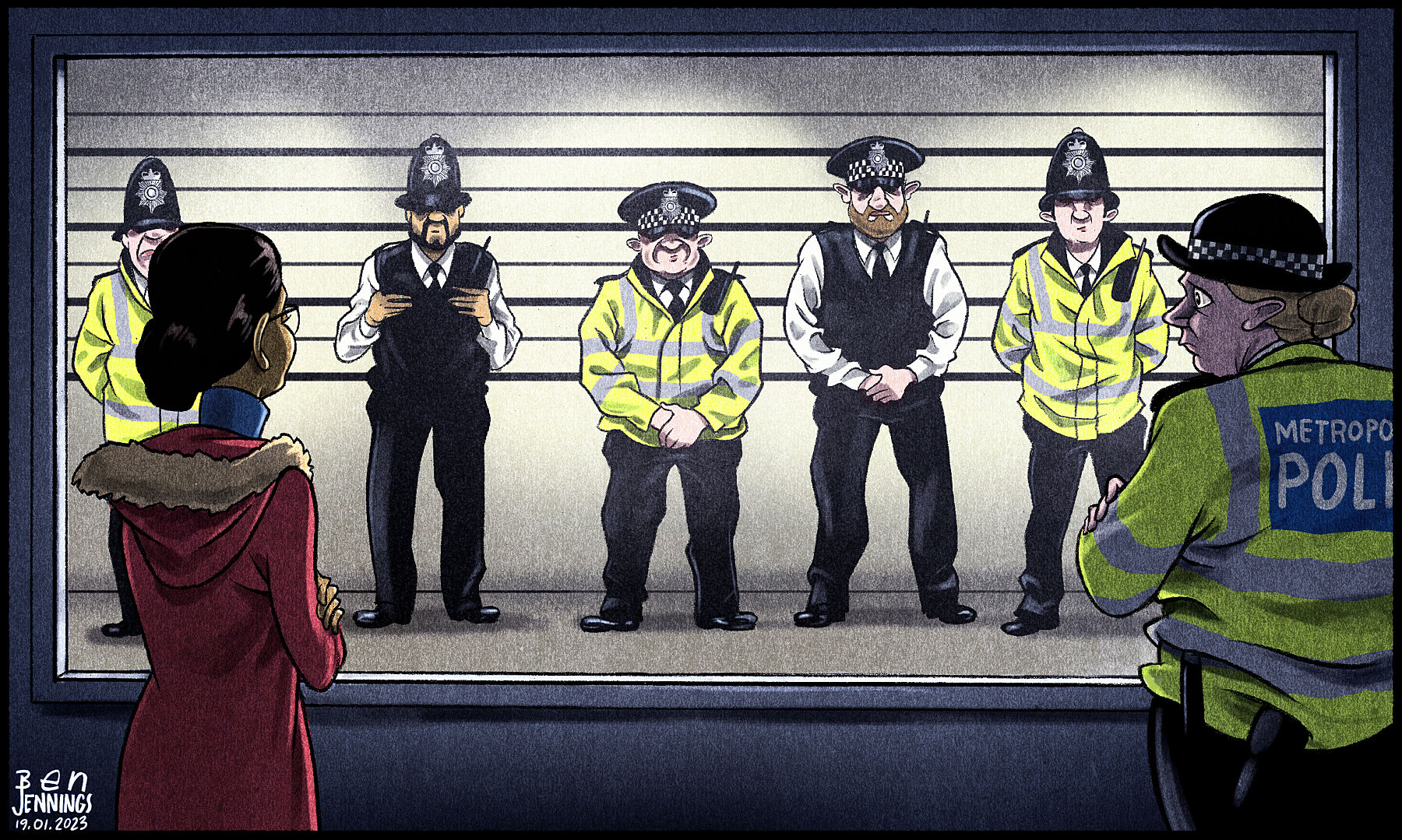 Cartoon. A police lineup. All the suspects are policemen. The victim/survivor looks on, making her decision.