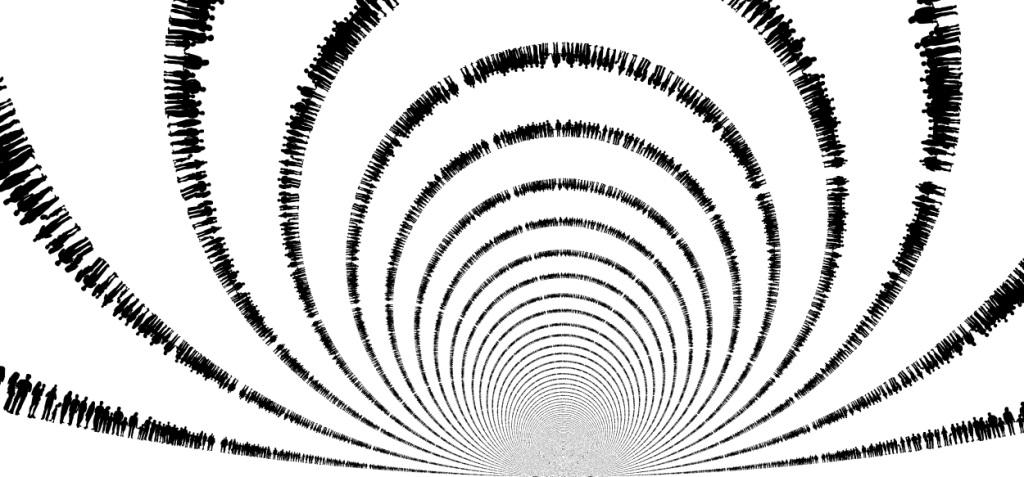 Graphic of lines of silhouetted humans distorted into mindboggling patterns