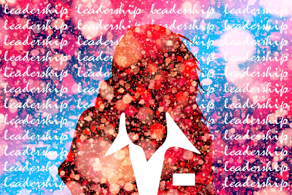 Graphic of a female leader outline and so many colours surrounding her. The word 'leadership' is repeated many times around her.