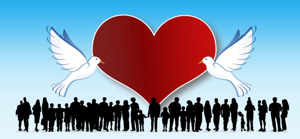 Graphic of many silhoetted people under a giant red heart, which two white doves adorn