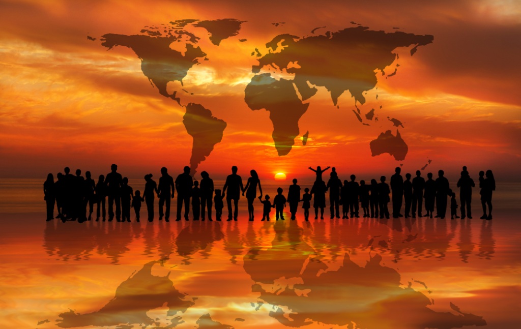 Graphic of large amount of silhouetted people in a solar landscape, with a map of Earth faded into it