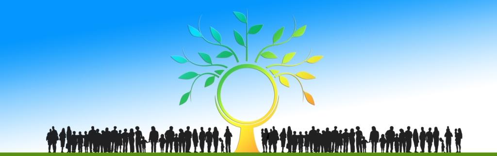 Graphic of large amount of silhouetted people underneath a huge solar tree of life