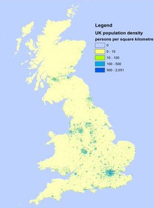 Map of UK showing almost entirely of very low population density