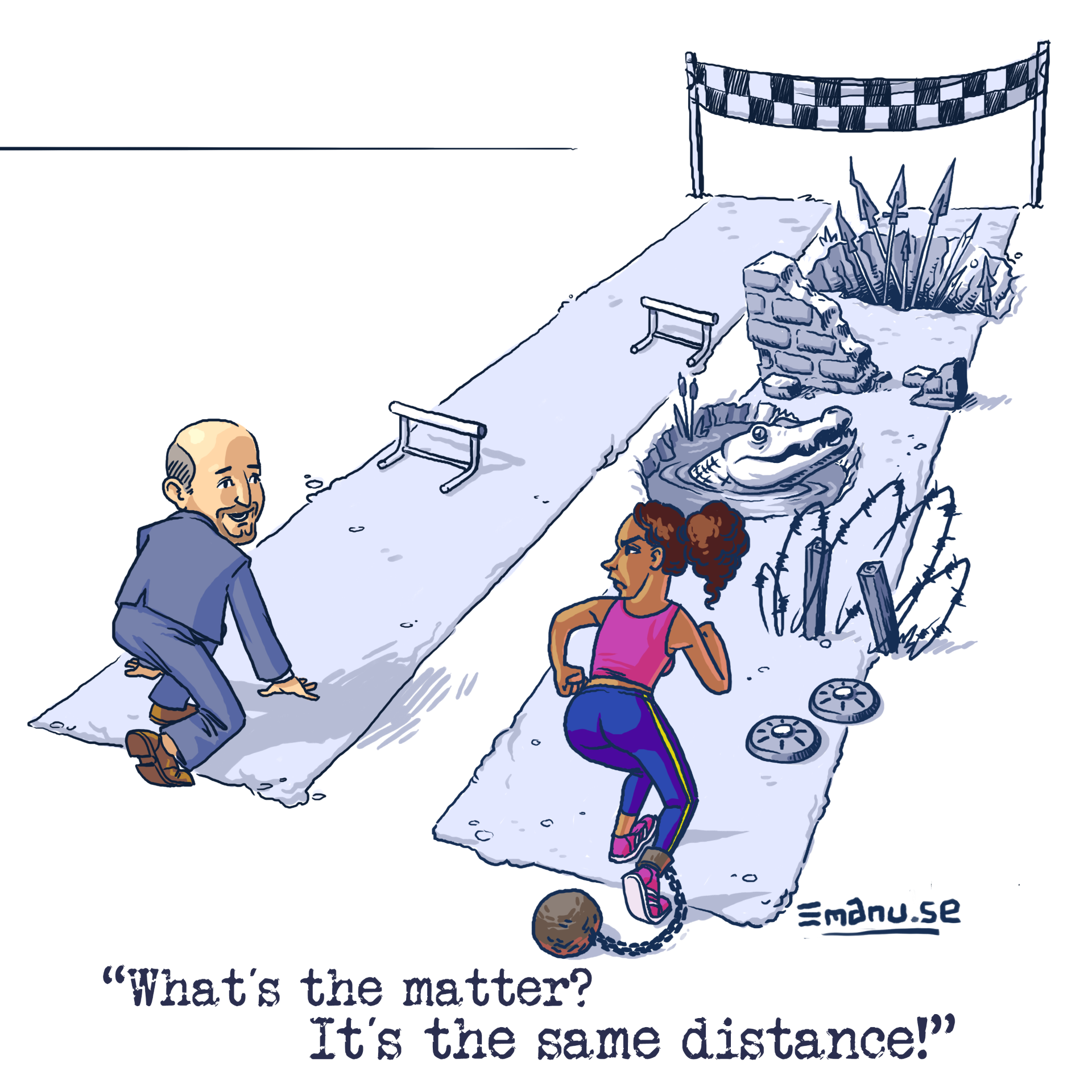 A race about to start - on the left an old white suited male with few obstacles, on the right a young black female with many dangerous obstacles