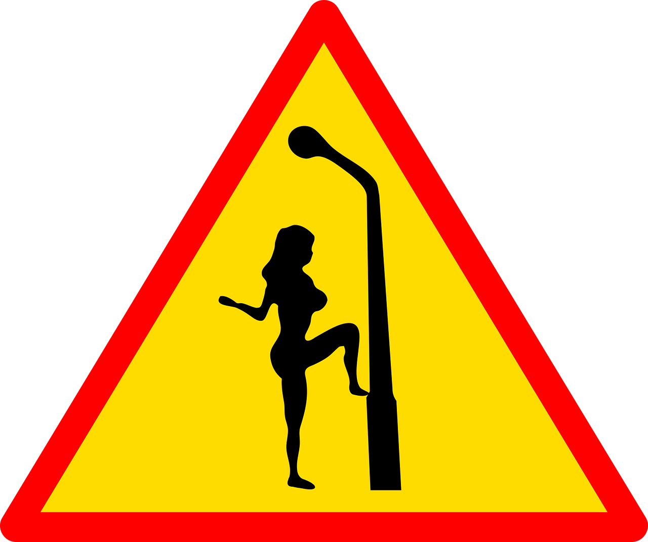 A triangular road sign with a red border and yellow background. In black silhouette, a prostitute has one leg raised against a lamp post.