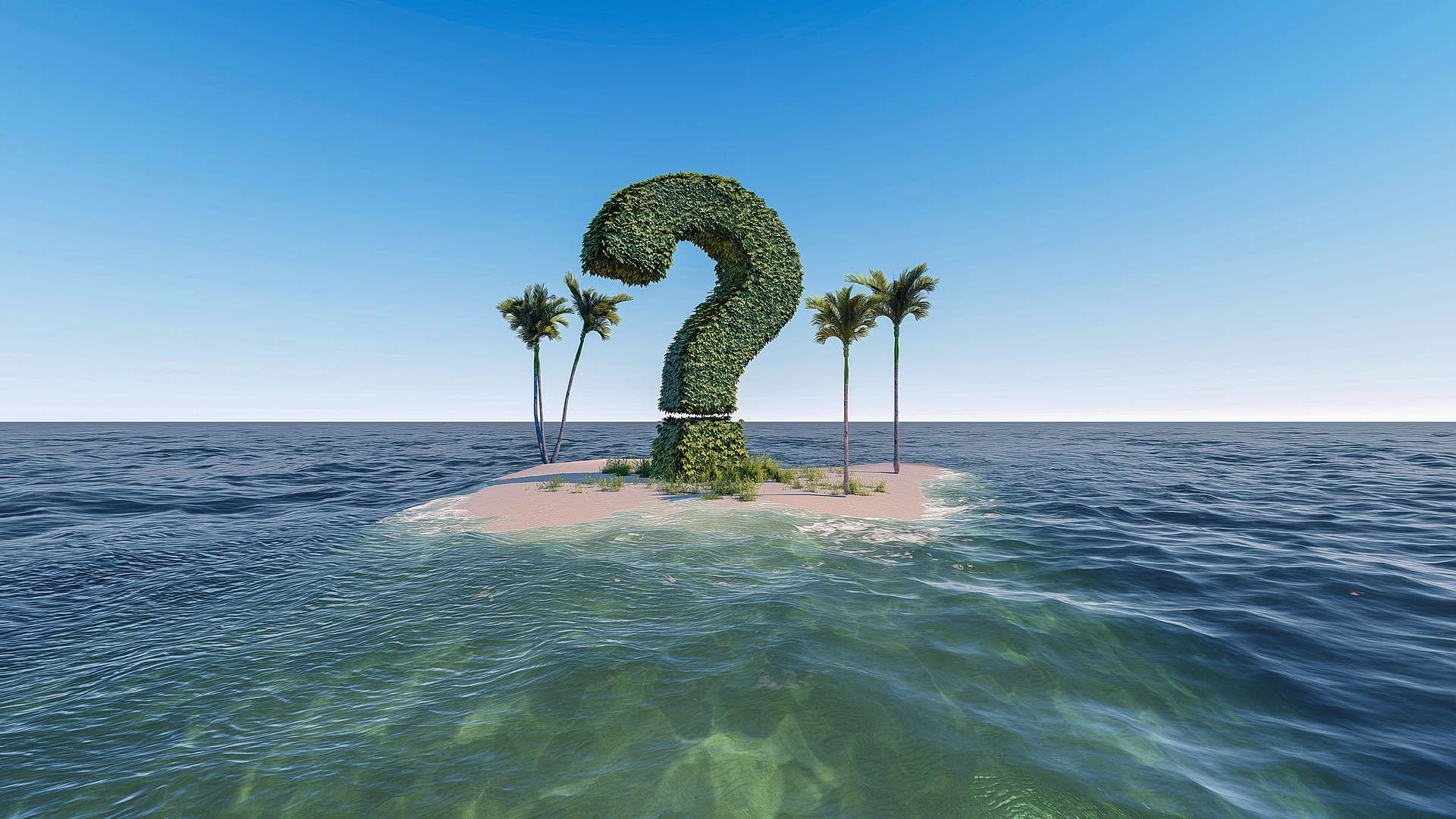 A large hedge in the shape of a question mark sits in the middle of a tiny tropical island