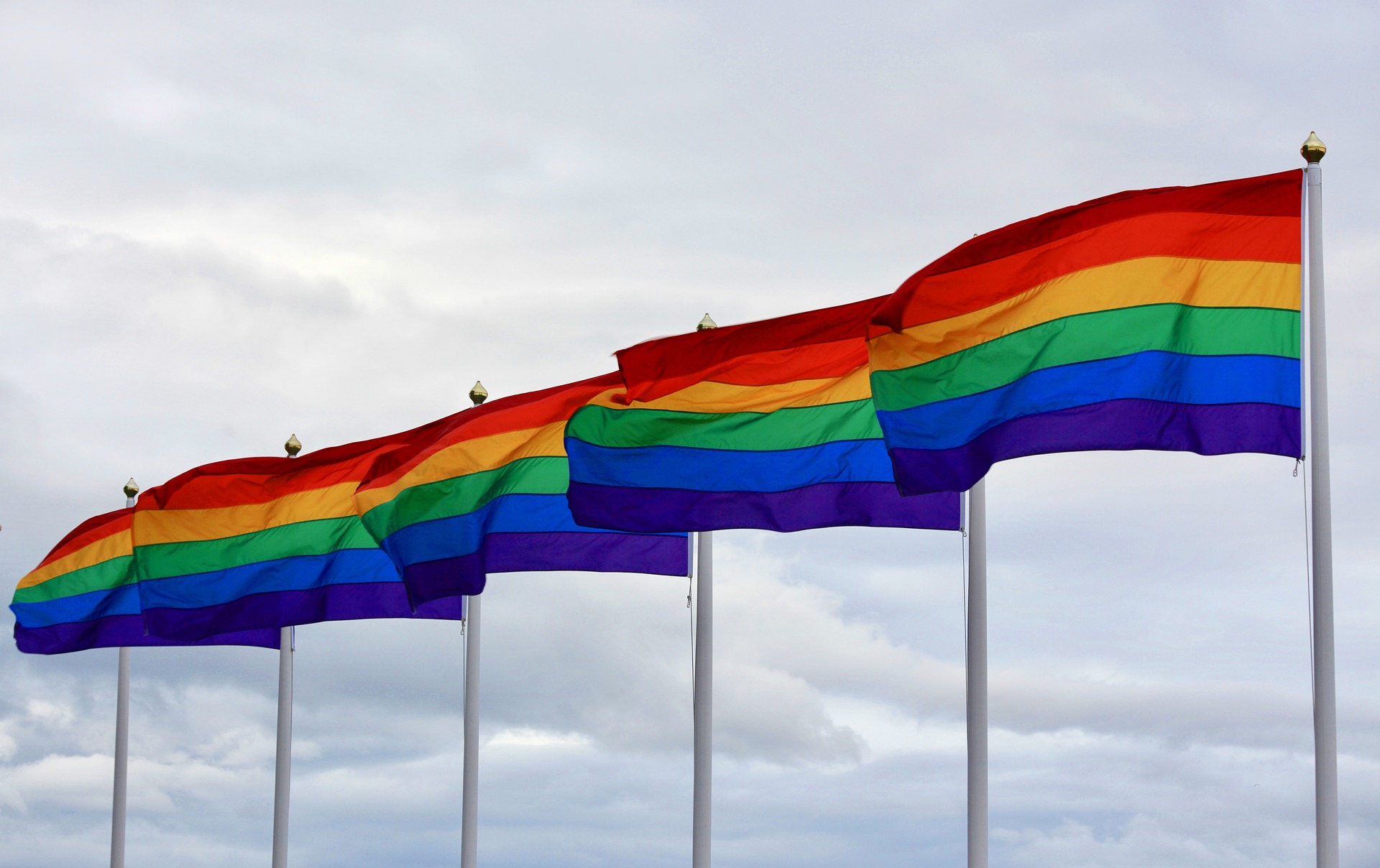Against a cloudy background, five or six rainbow flags fly proud atop flag poles