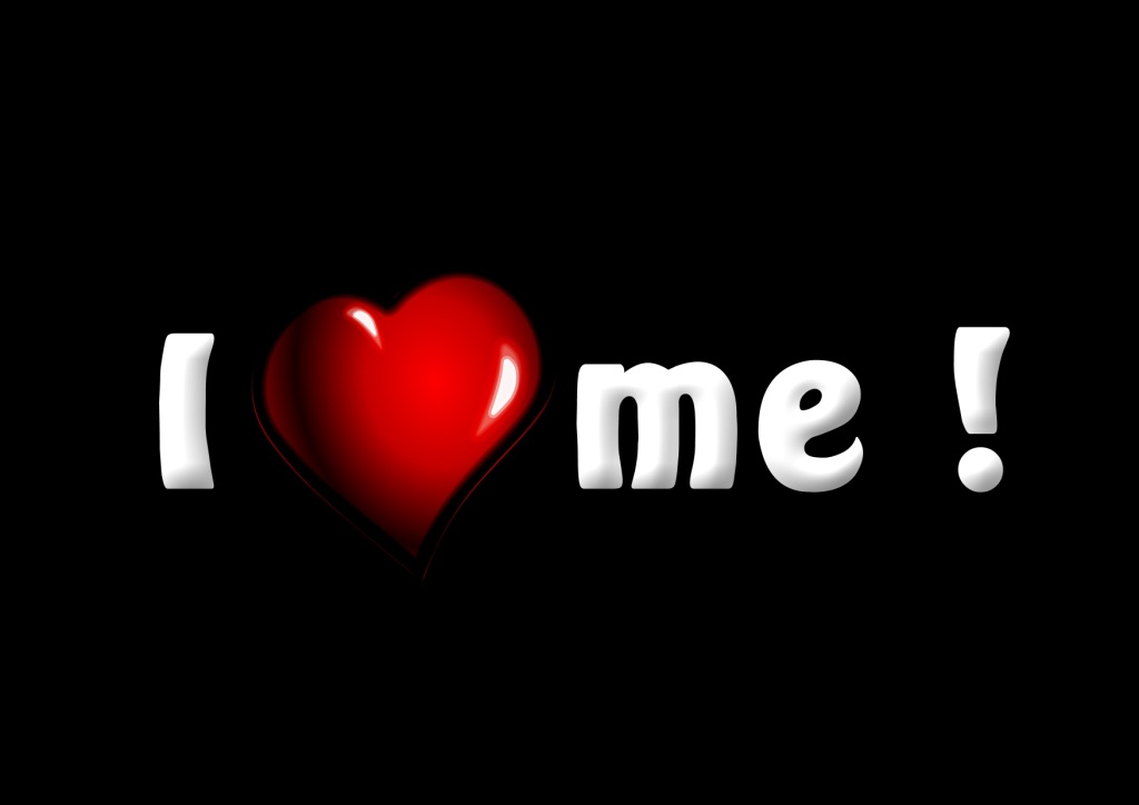 "I love me!" graphic, white characters on a black background, with the 'love' as a heart rather than letters