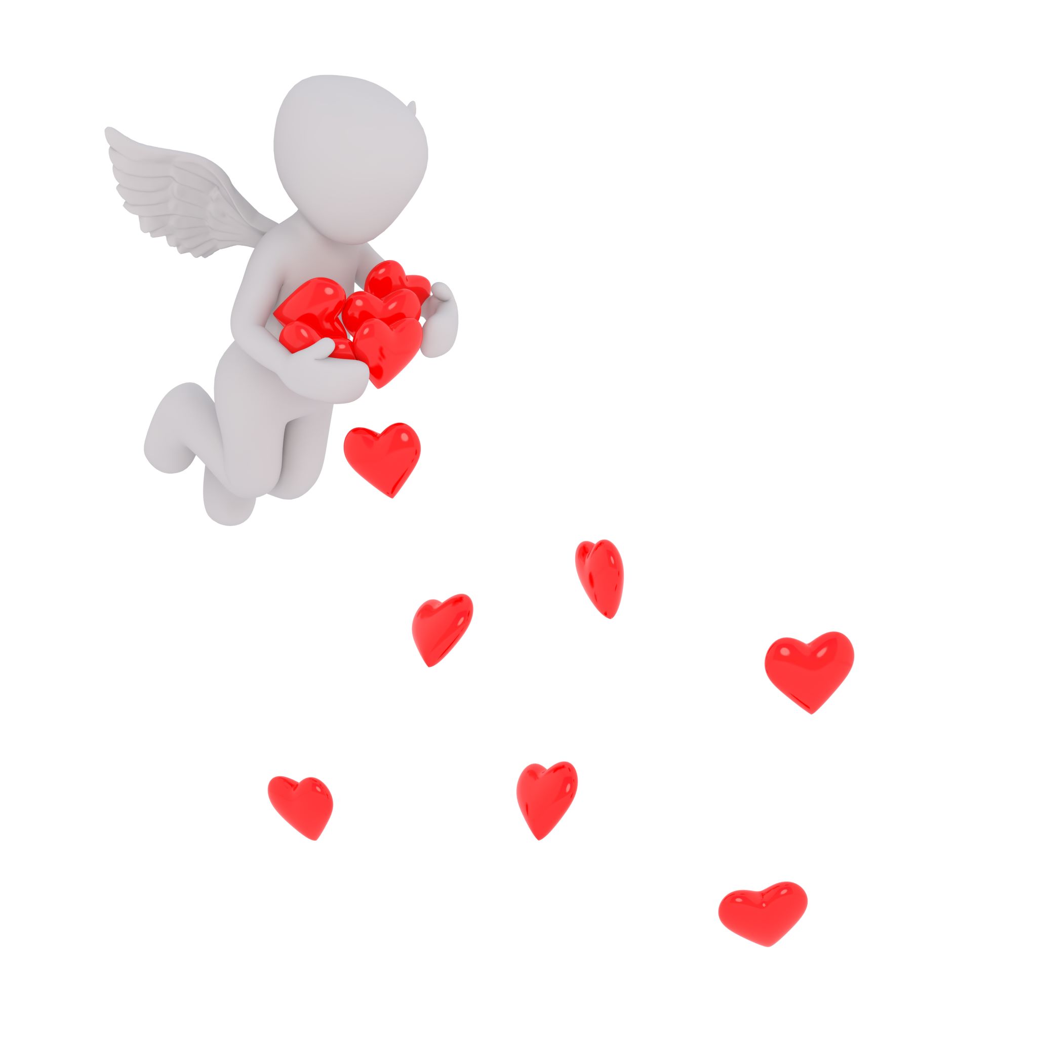 A graphic of a small flying angel or cupid distributing small red hearts below