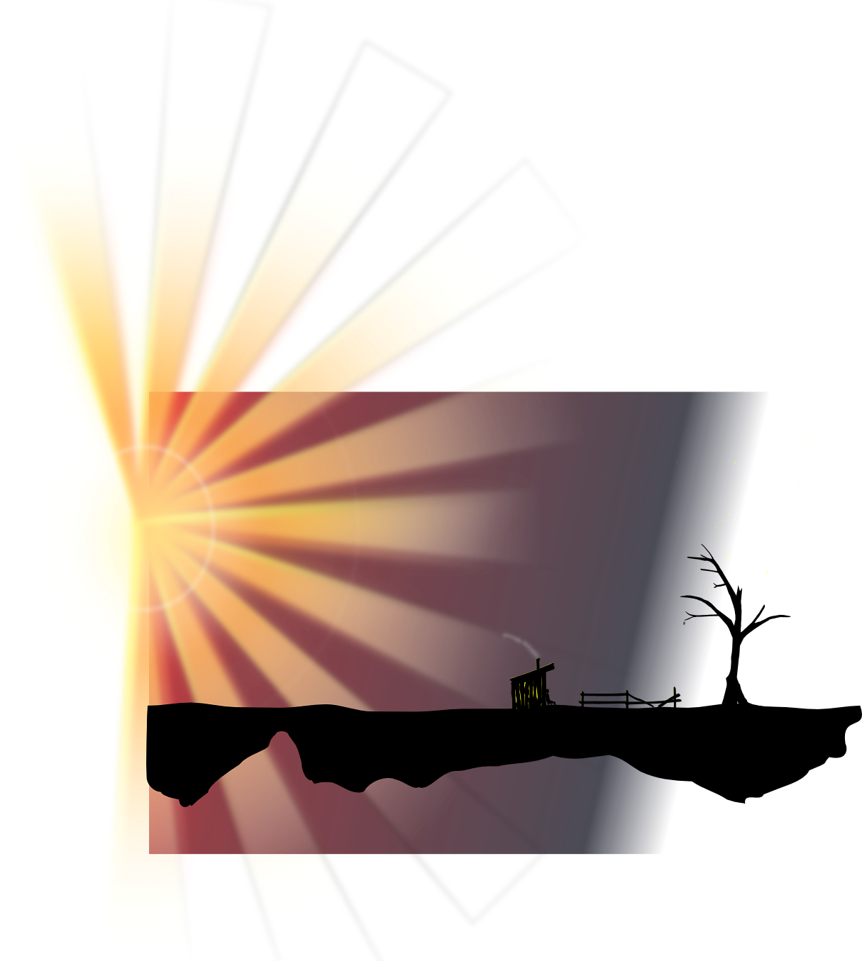 A graphic of a silhouette of a cabin on a mountain plateau. A tree is beside the cabin. The rising or setting sun blazes over the scene.